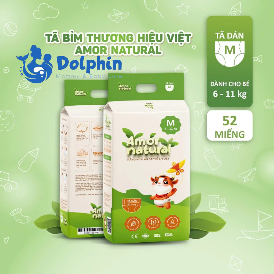 Bỉm - Tã dán Amor Natural size M 52 miếng (6-11kg)